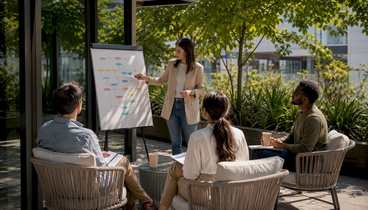 Project manager leading small team meeting