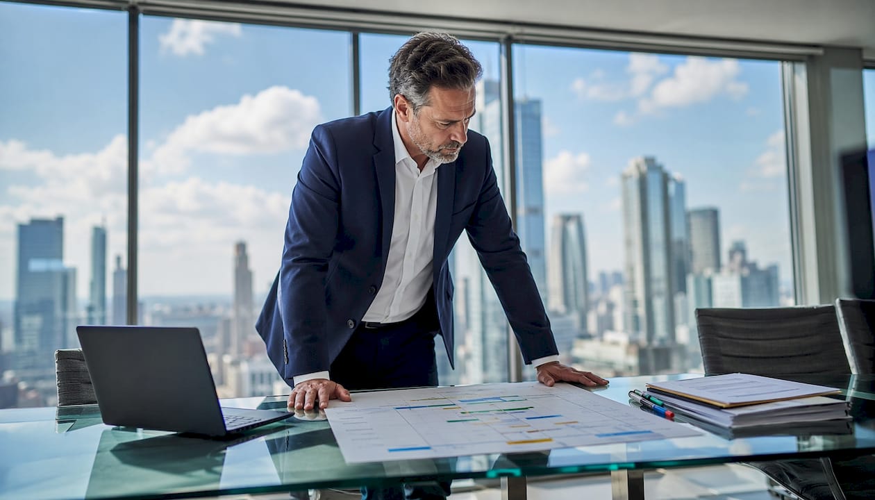 Project manager at desk reviewing Excel timeline