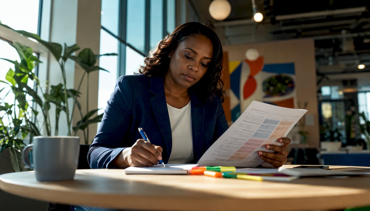 Woman reviewing decision checklists at office table