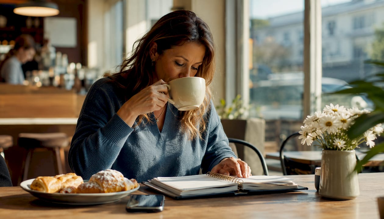 Woman reviewing morning routine at kitchen table