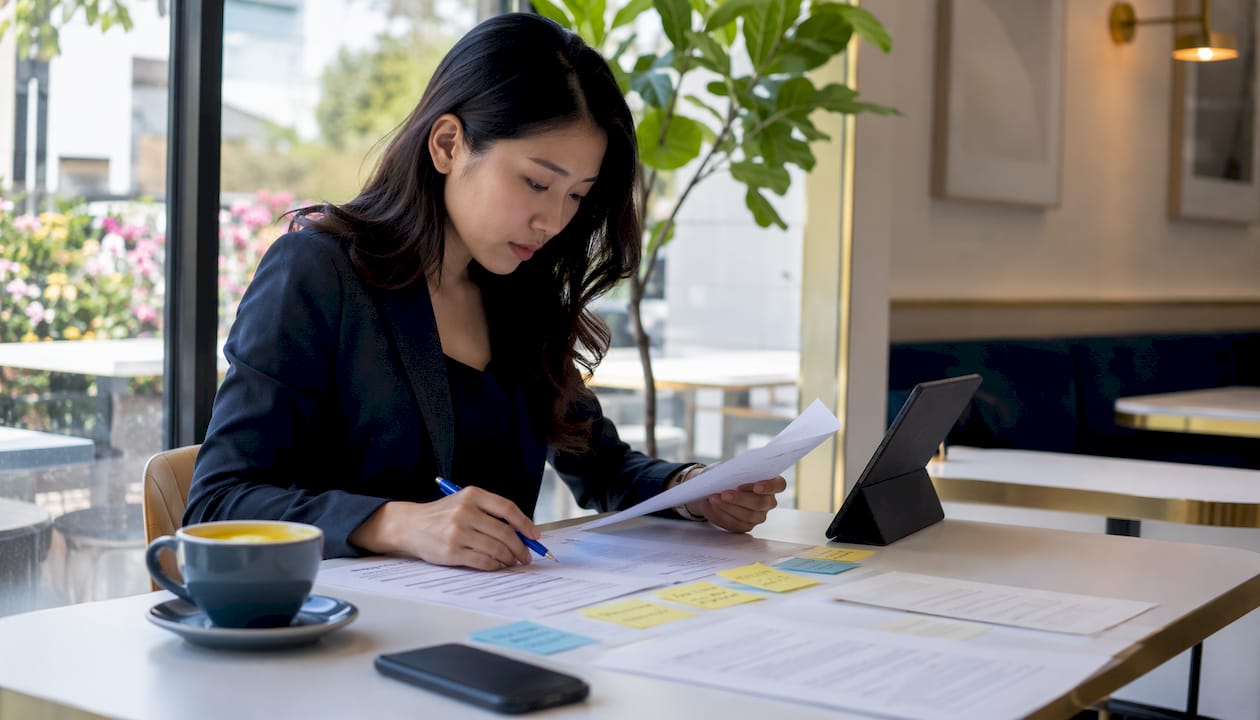 Professional woman organizing resumes at café table