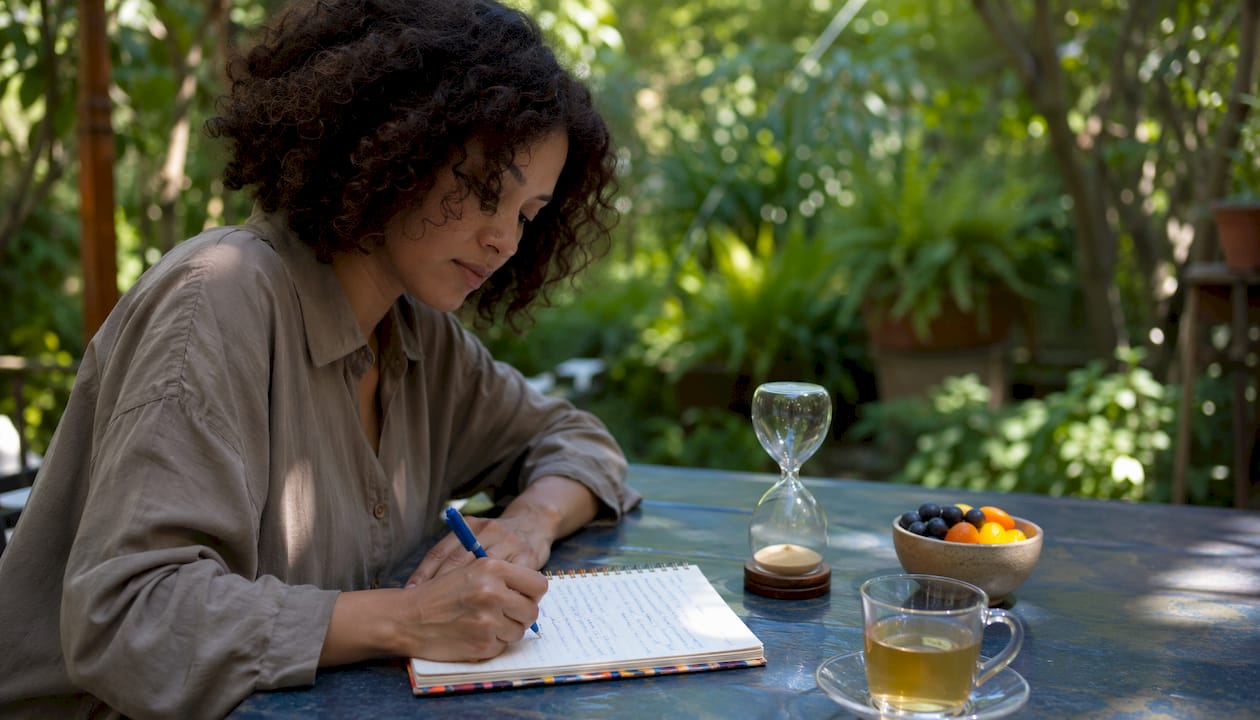 Hands writing time management notes at desk