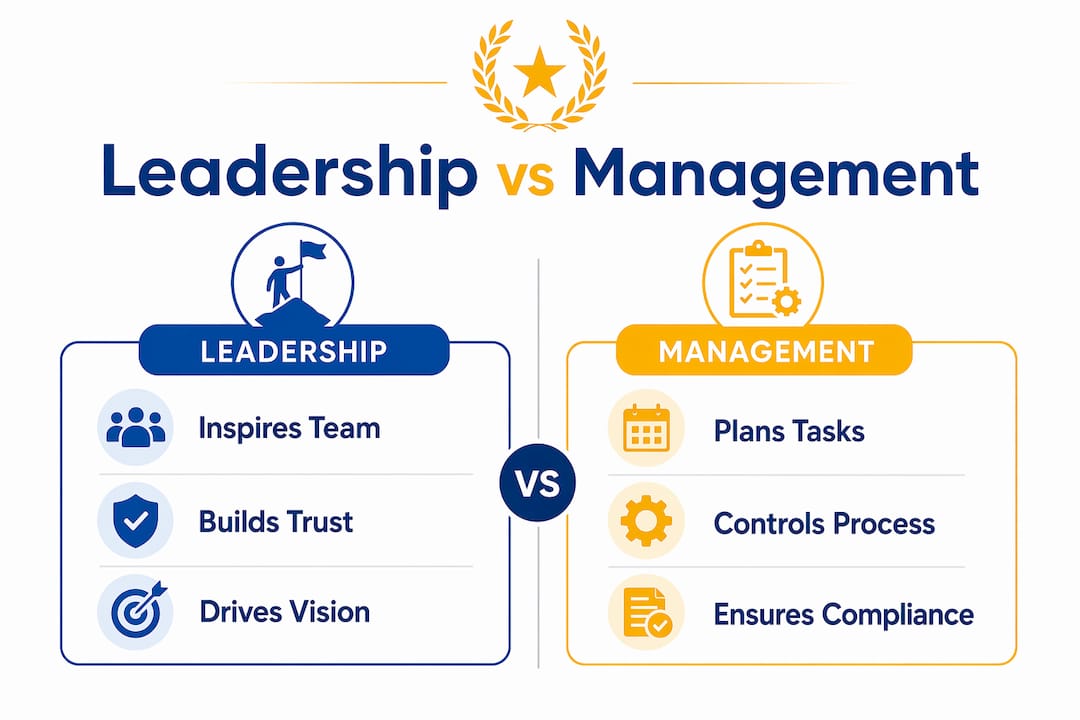 Infographic comparing leadership and management in projects