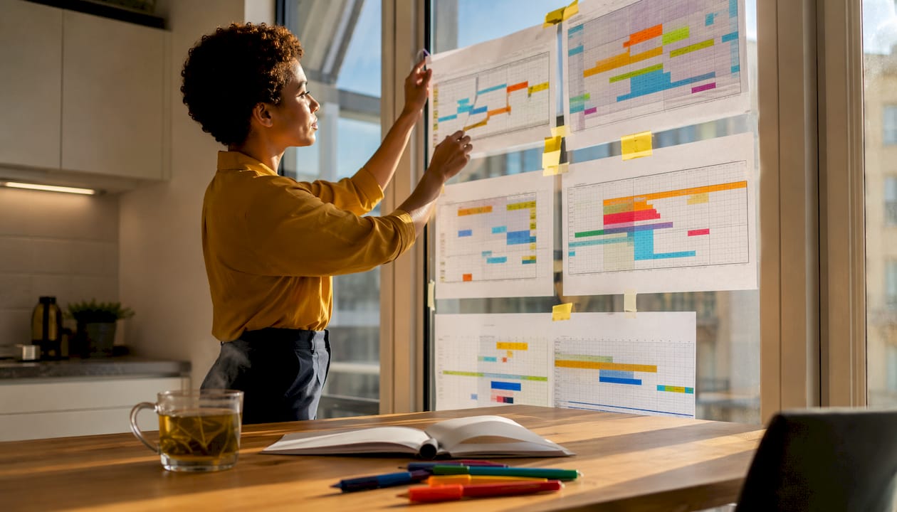 Woman arranging printed timeline charts