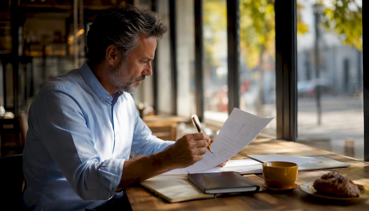 Manager reviewing documents in Roman-style room