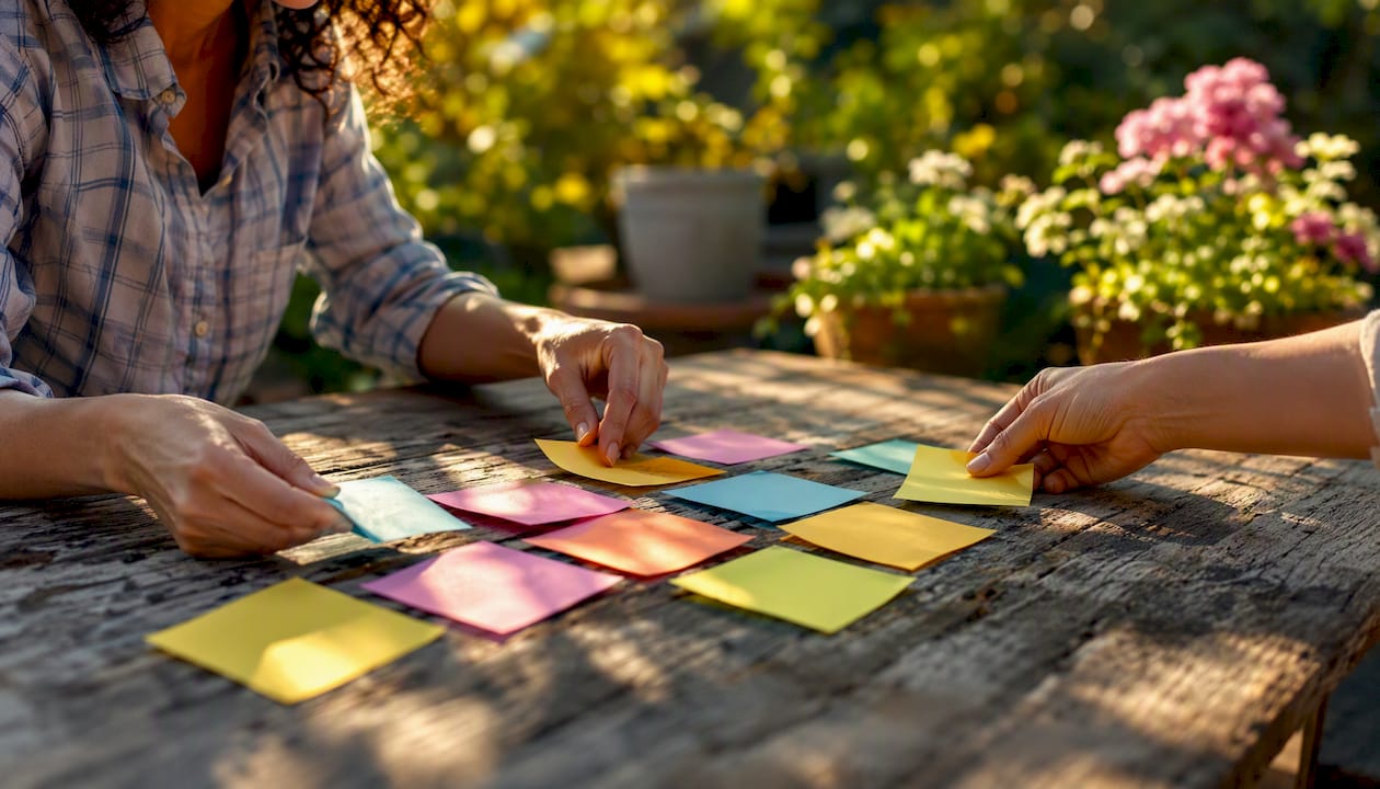 Hands arranging sticky notes in brainwriting exercise