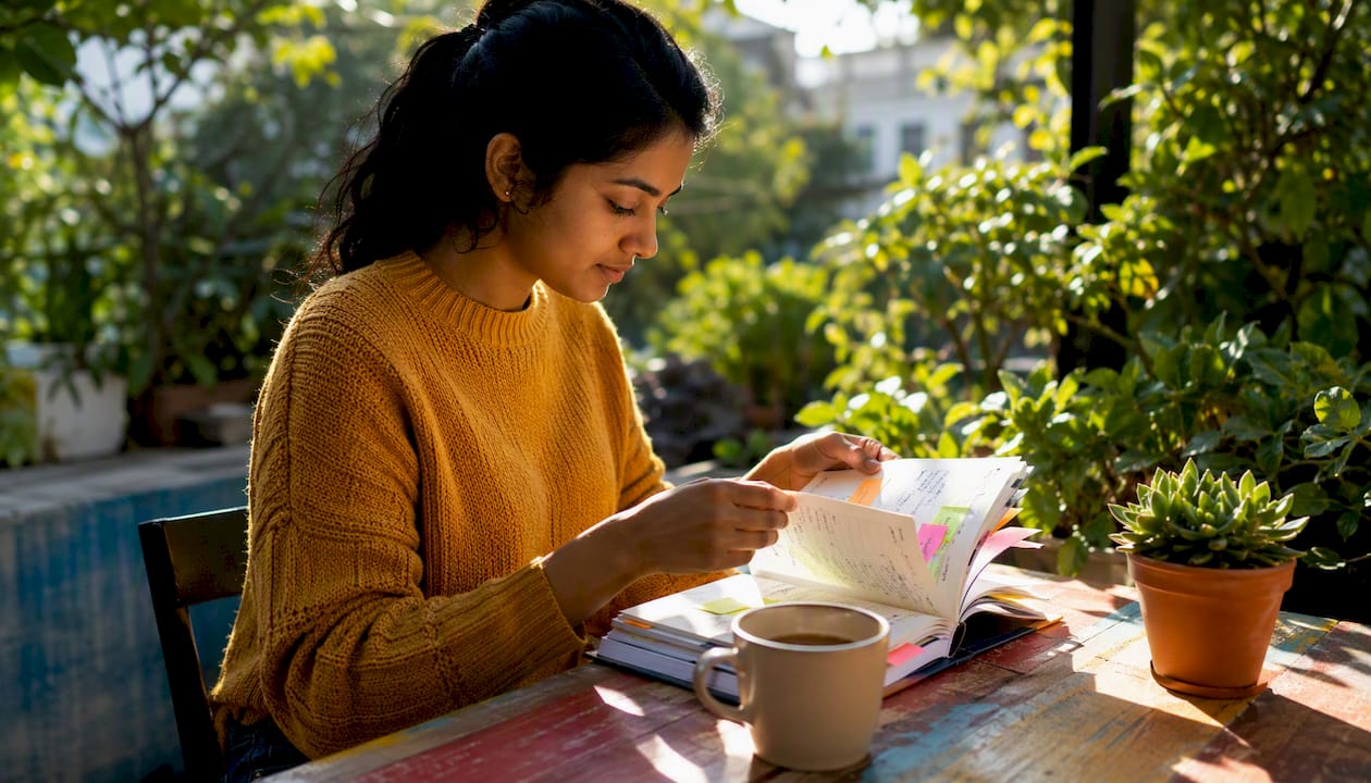 Overhead shot of woman managing busy planner