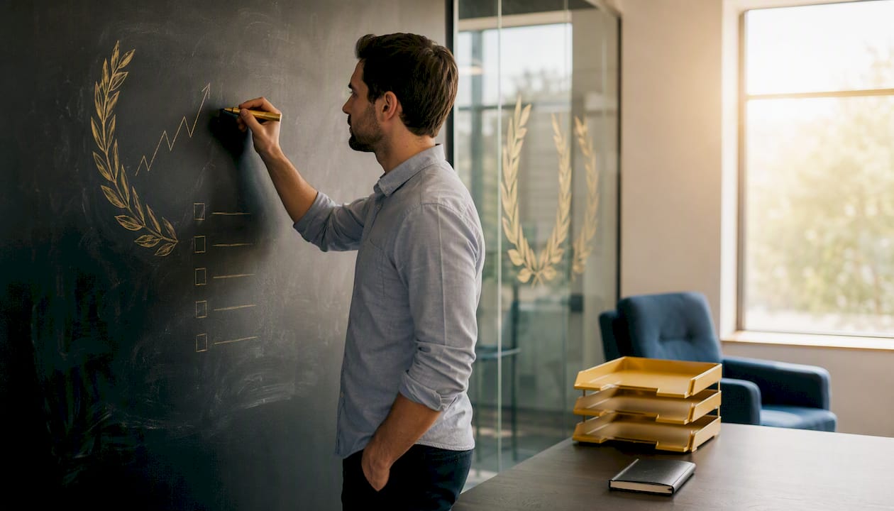 Hand writing SMART leadership goals on glass board