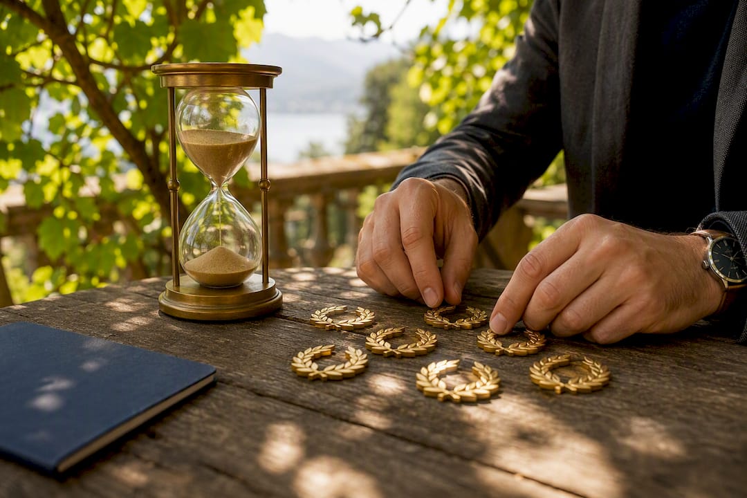 Hands arranging laurel pins and hourglass on desk