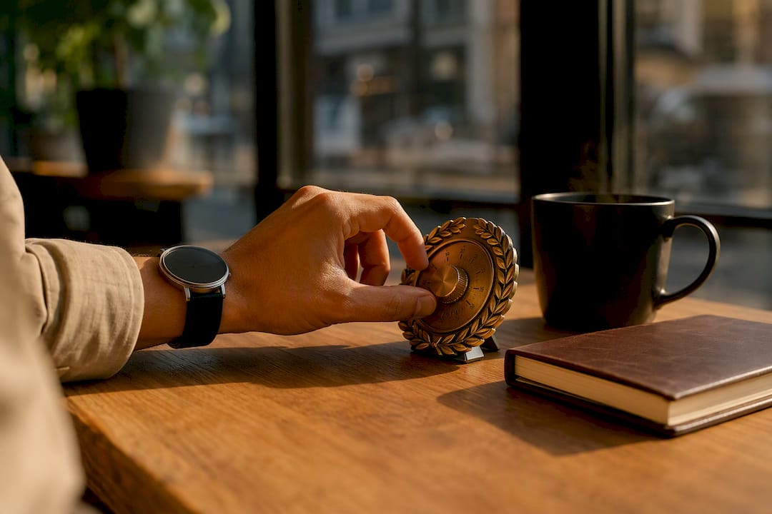 Hand adjusting timer on desk