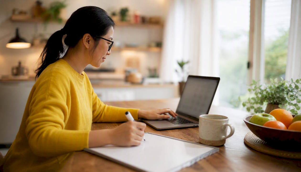 Woman time blocking on laptop at home desk