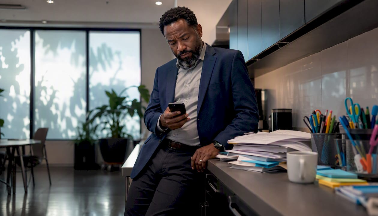 Man distracted by multitasking in office