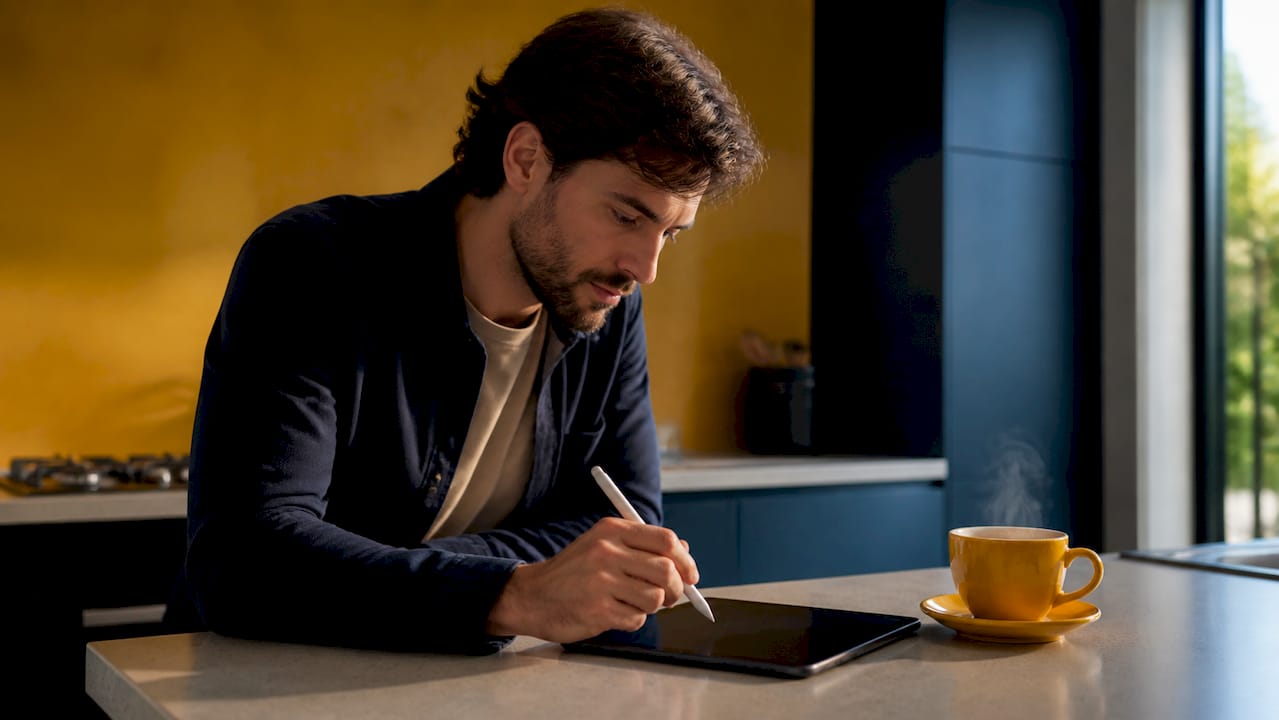 Person marking goal progress near coffee cup