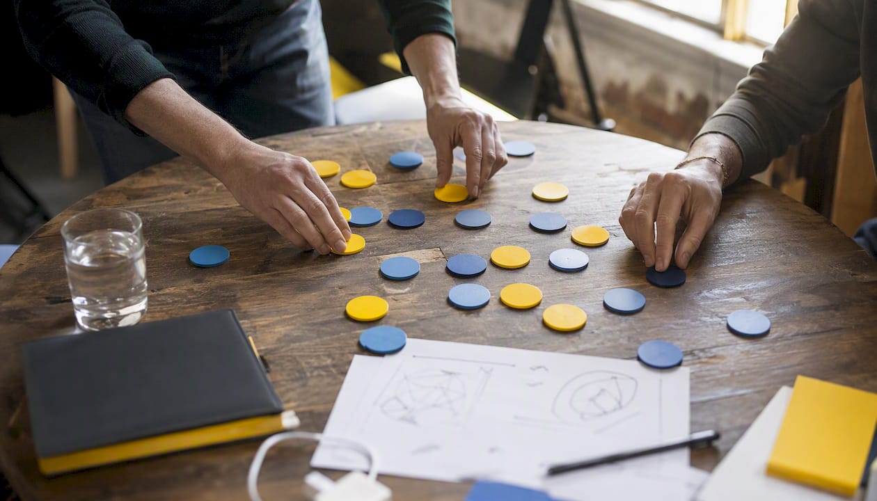 Hands arranging task tokens on table