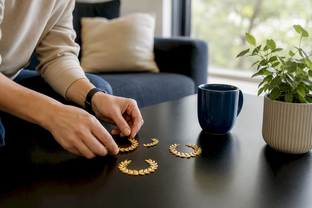 Hands placing laurel tokens and hourglass