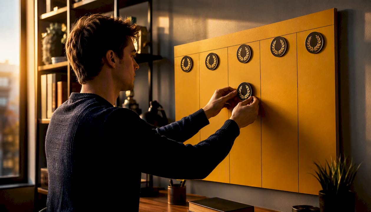 Hands placing laurel wreath tokens on planning board