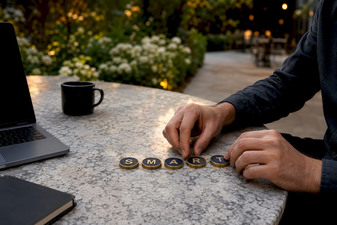 Hands placing SMART goal tokens on desk