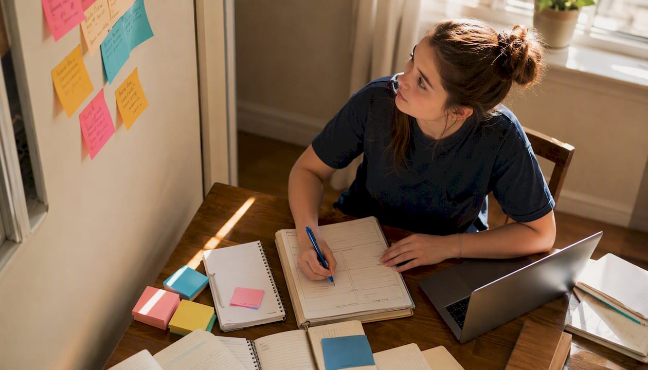 Student thoughtfully writing study goals