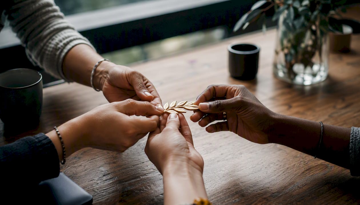 Diverse hands passing laurel token