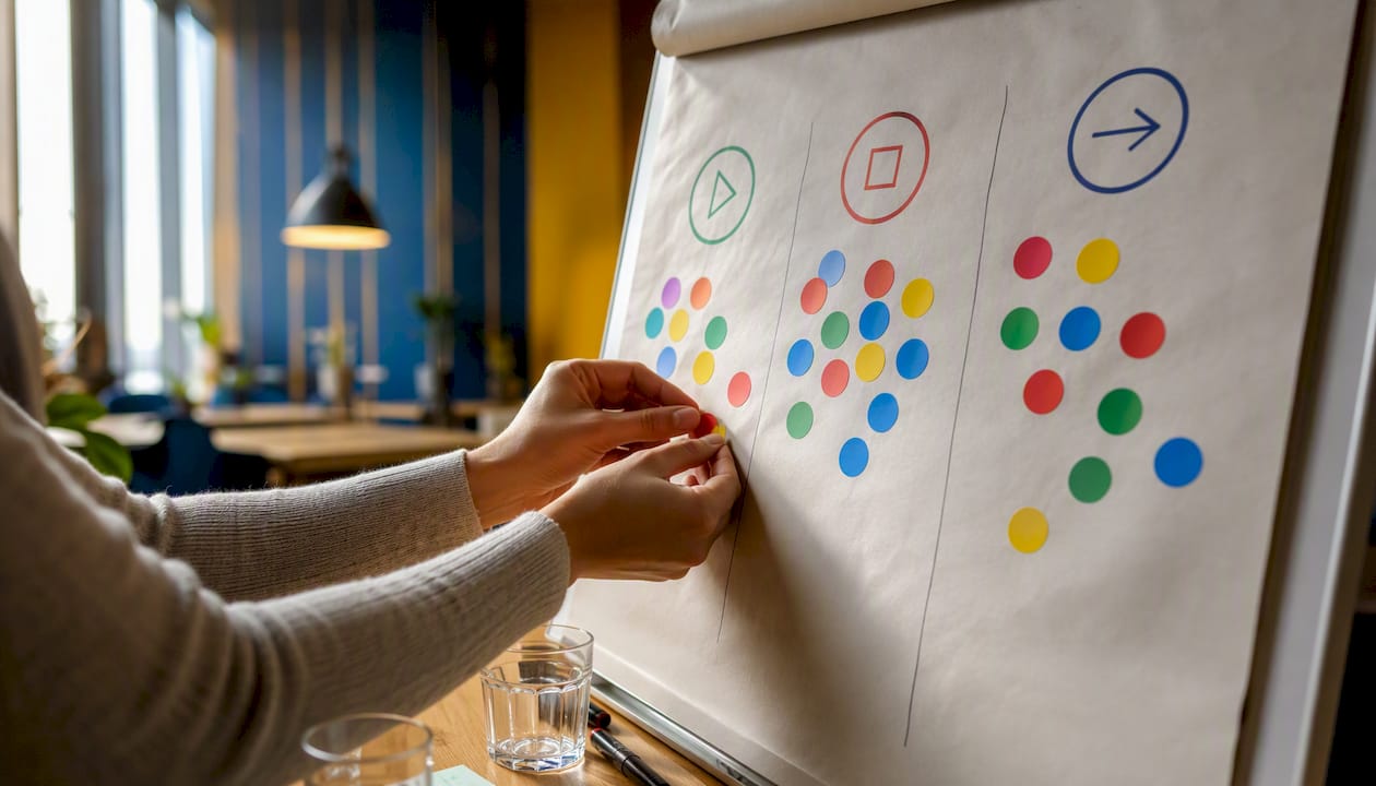 Hands voting on flip-chart in retrospective meeting