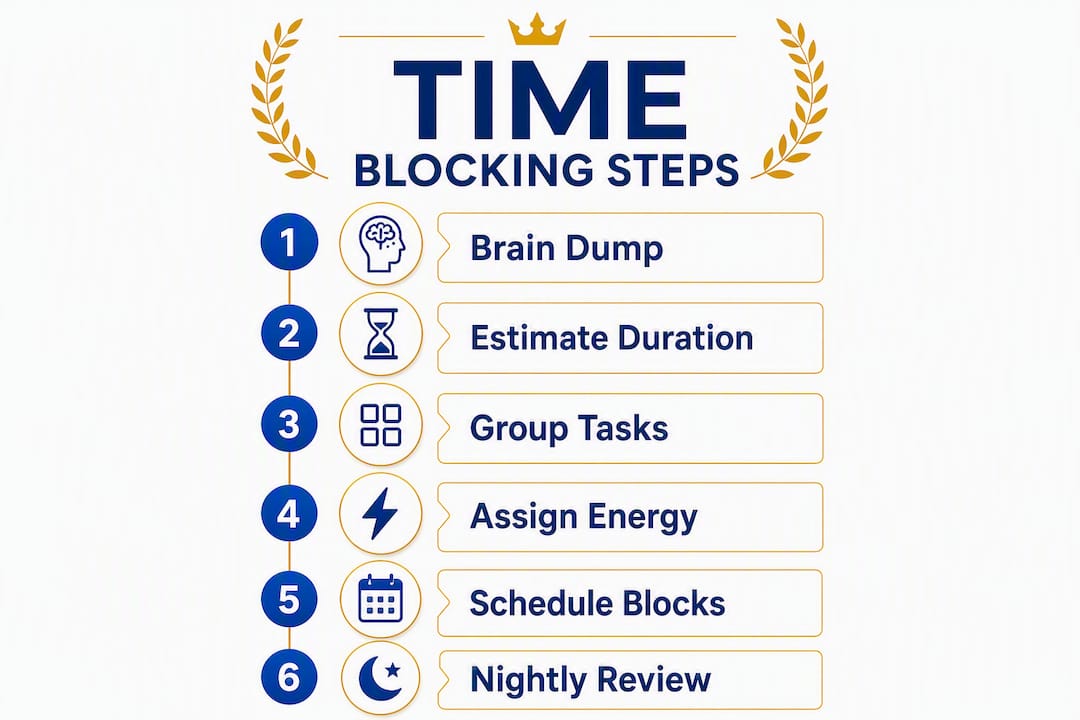 Infographic showing steps to time block daily schedule