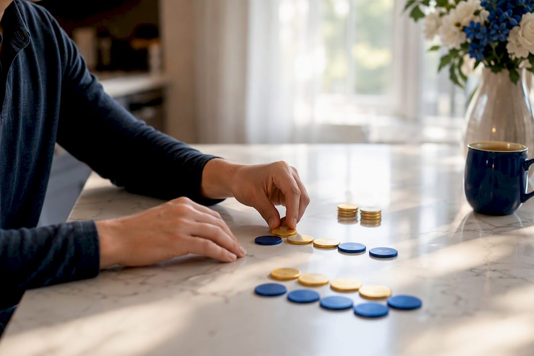 Hands arranging milestone tokens on desk