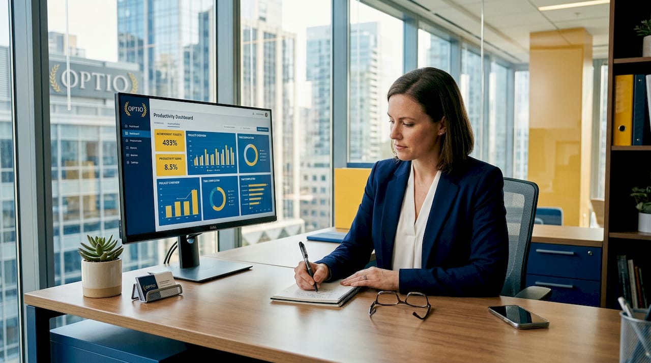 Manager checking productivity dashboard in office