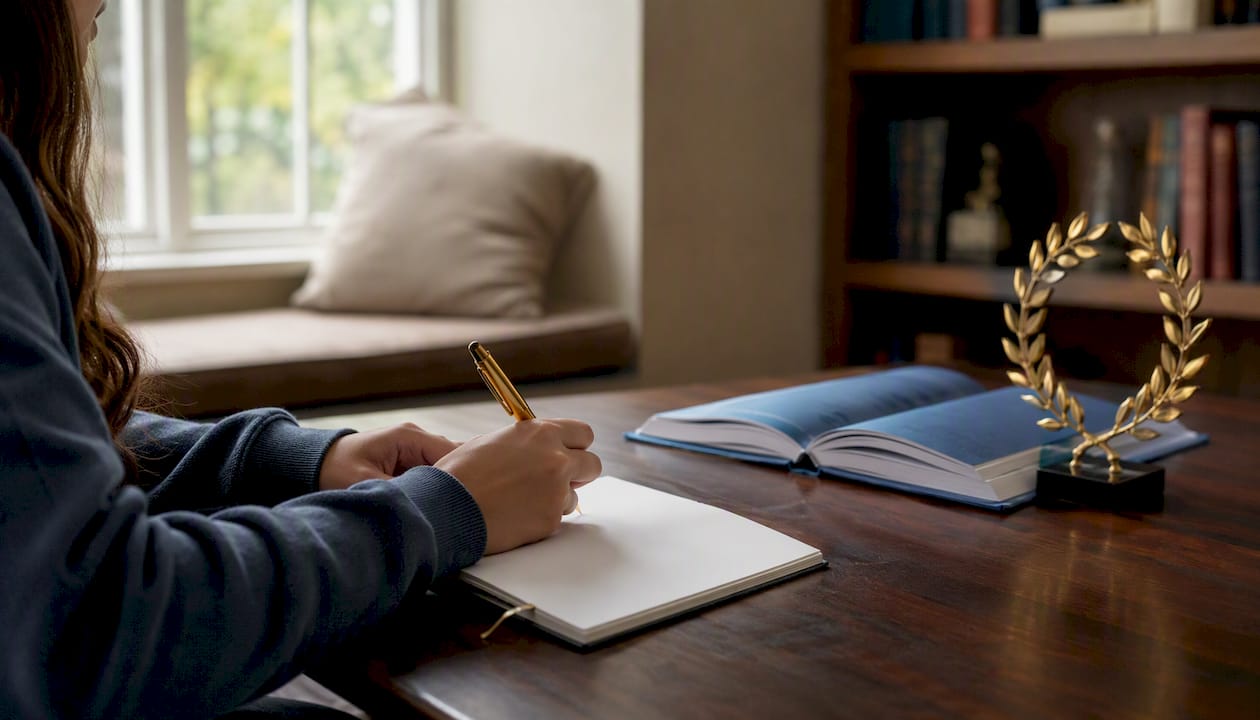 Student writing academic goal in notebook