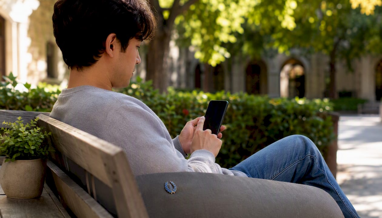 Student tapping smartphone to track goals