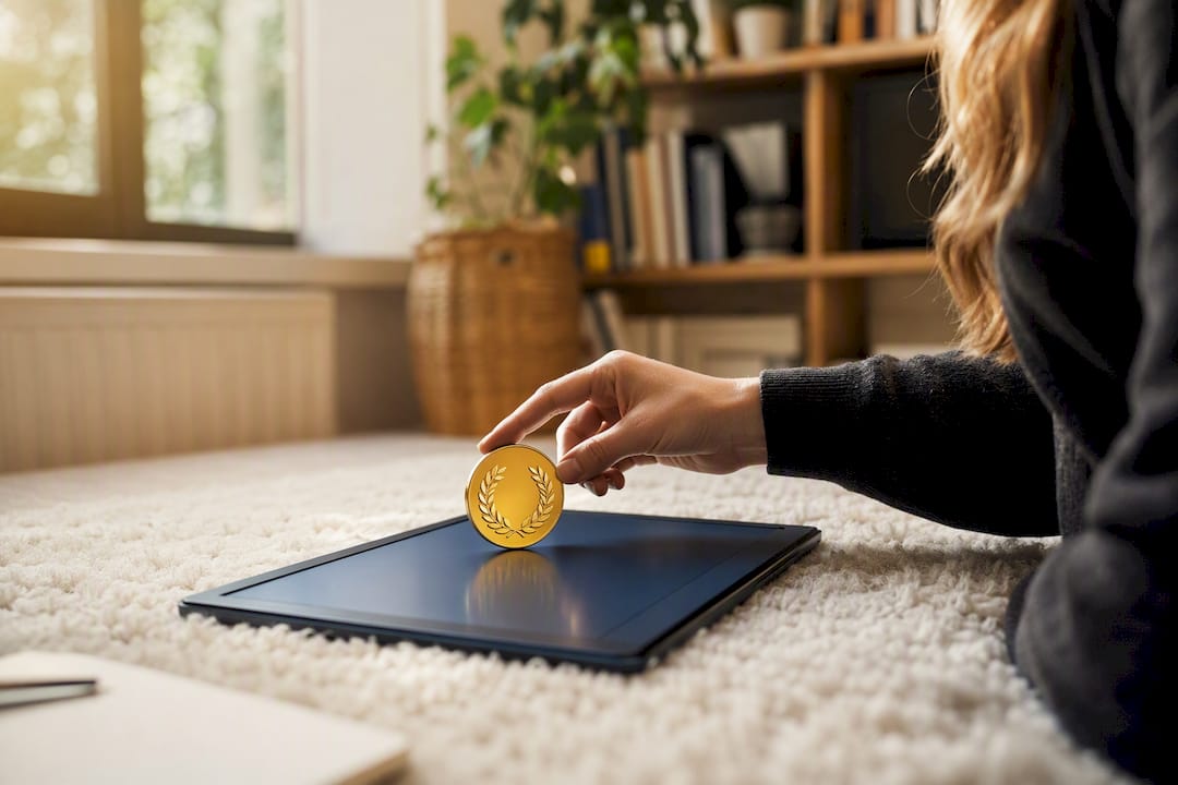 Hand holding laurel token above smartphone