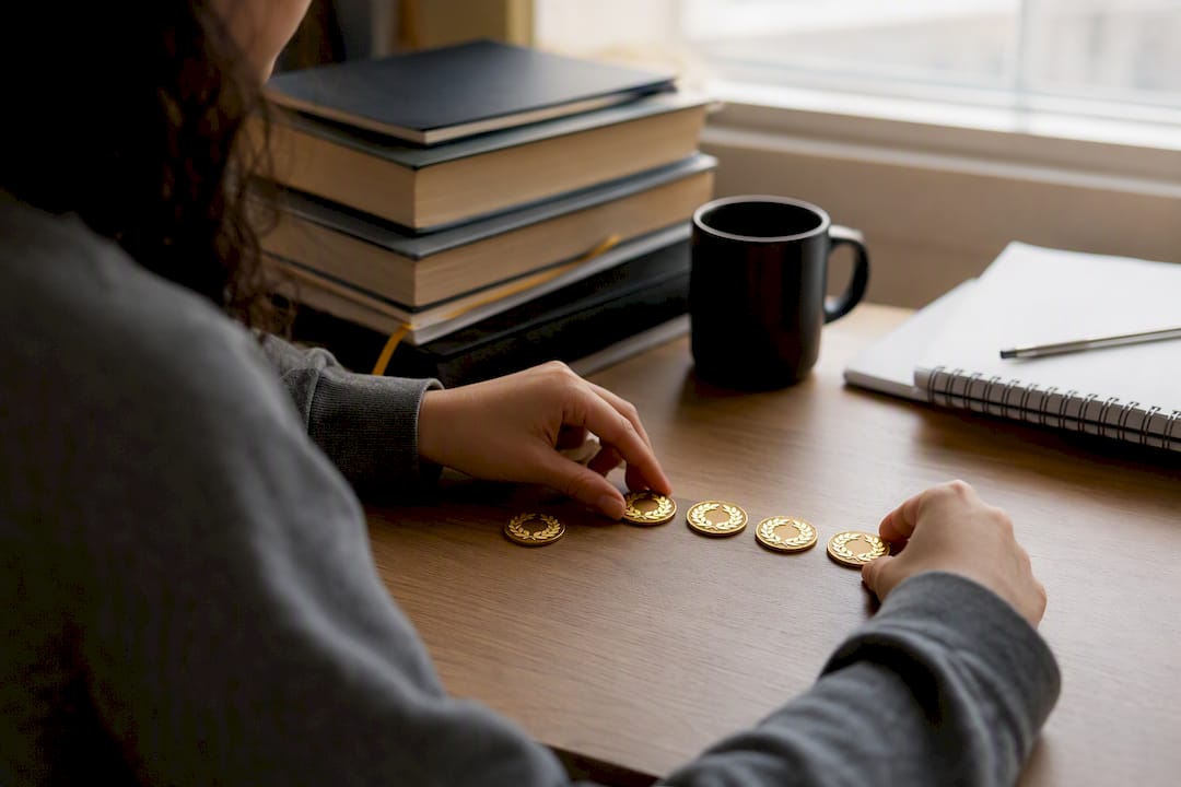 Student hands placing laurel tokens on desk
