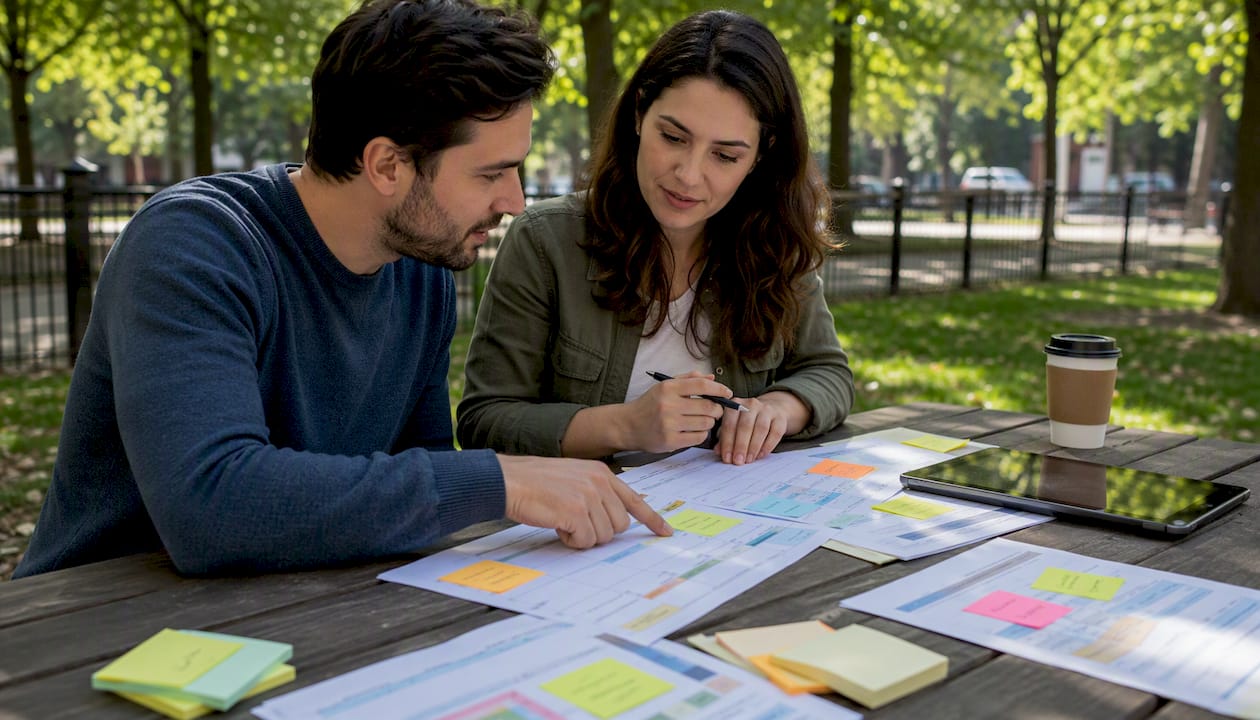 Hands reviewing project planning documents at table