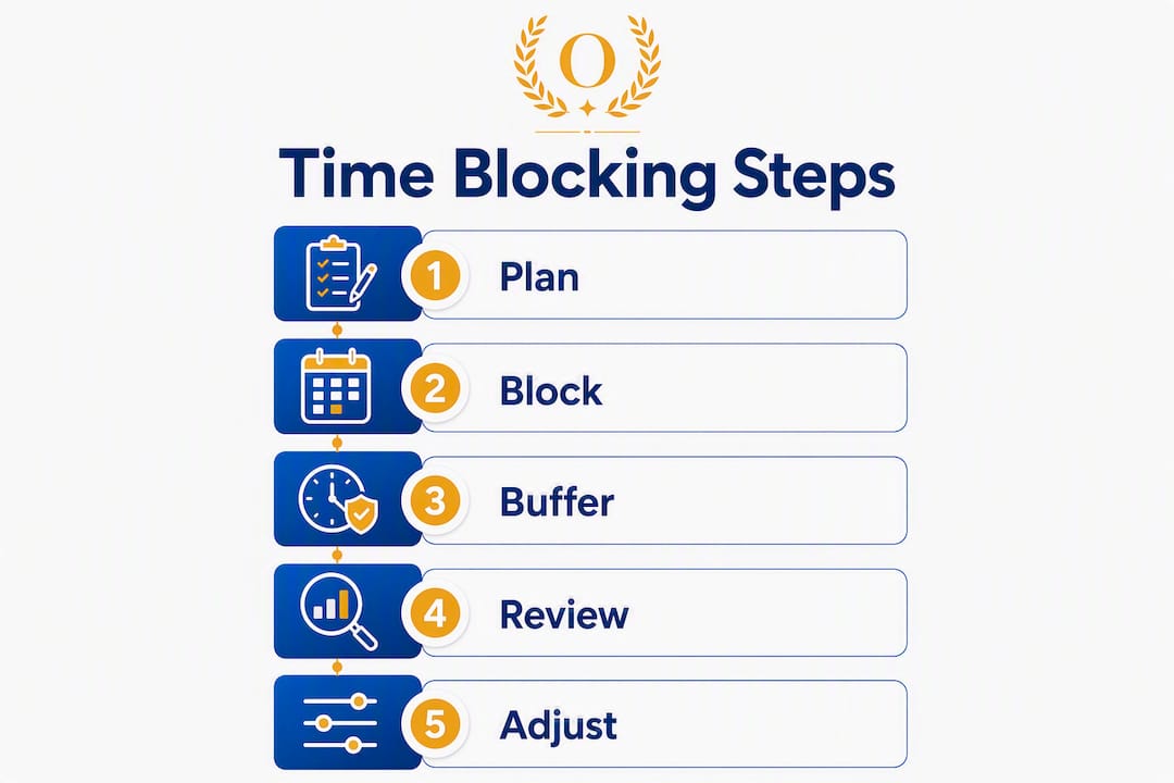 Infographic illustrating the five steps of time blocking in Google Calendar