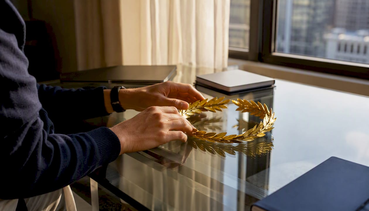 Hands placing laurel wreath symbol on desk