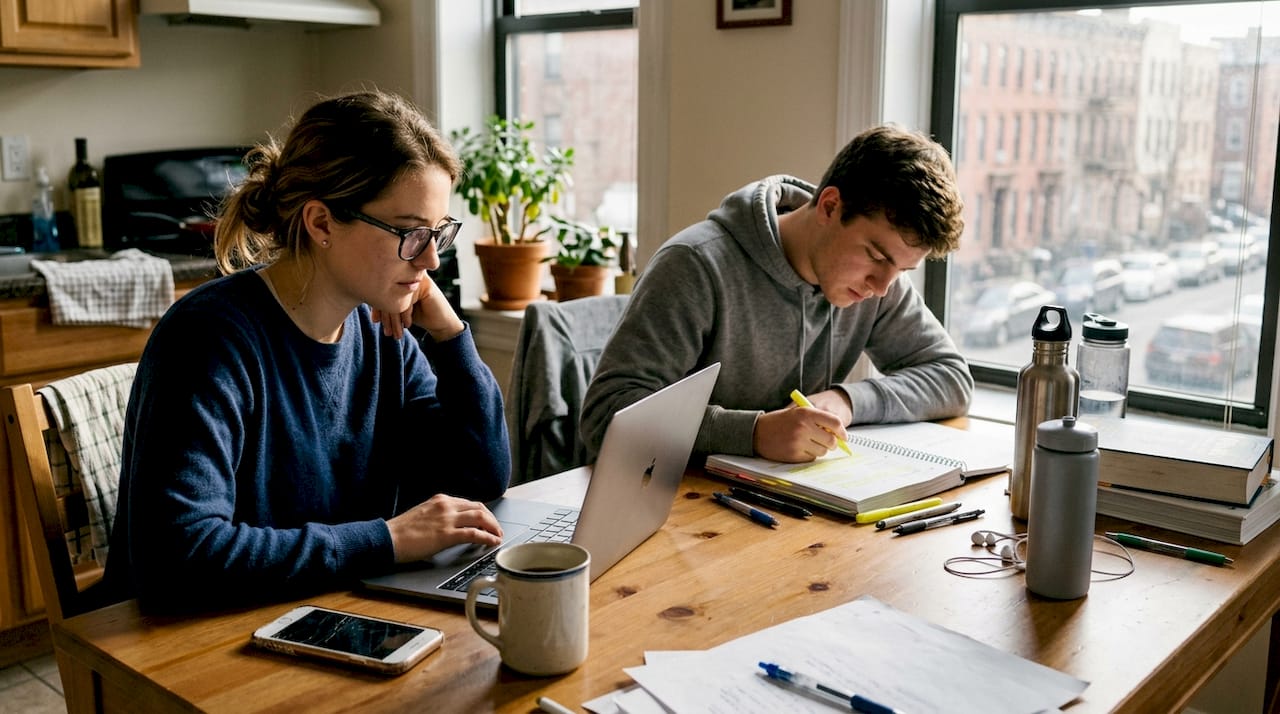 Student and young pro at cluttered shared table