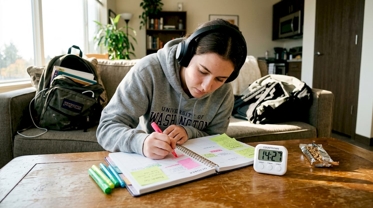 Student using time blocking and timer at home