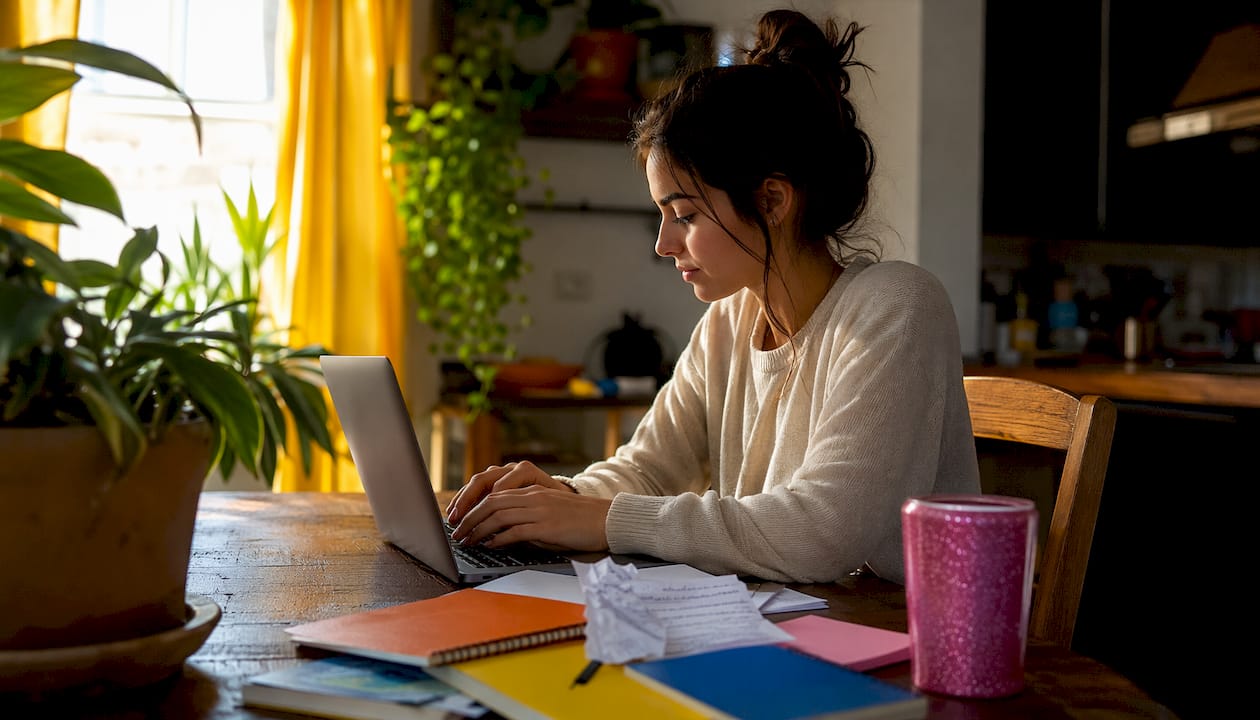Student writing project manager cover letter on laptop