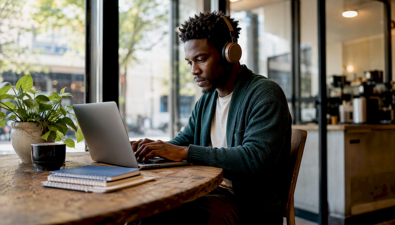 Man focused on deep work with headphones