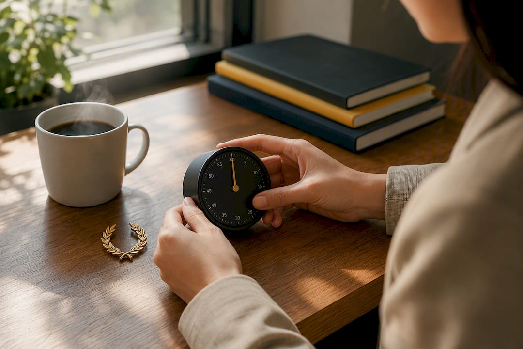 Hands setting timer with coffee and laurel pin
