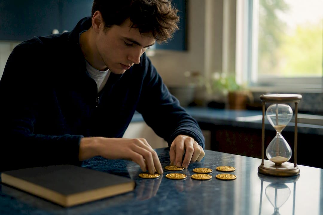 Hands sorting Roman laurel tokens on desk