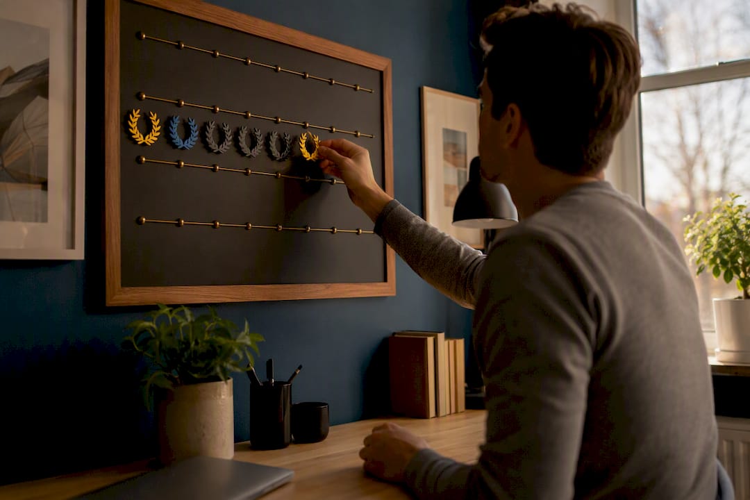 Hands placing achievement token on tracker board