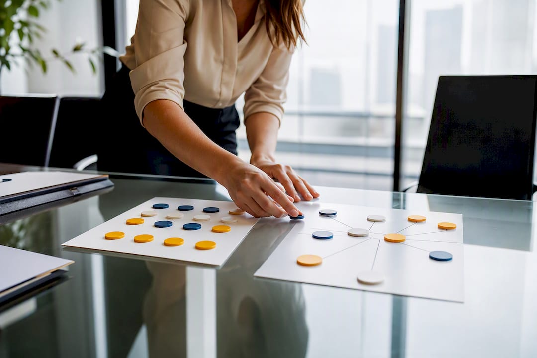 Hands arranging negotiation skill tokens