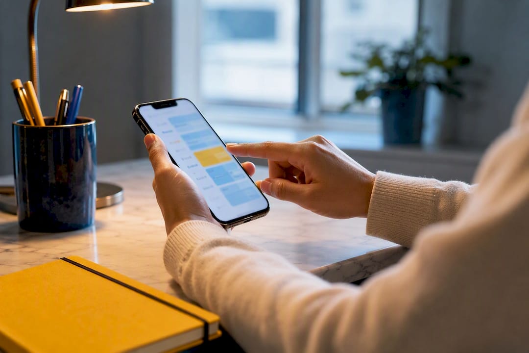Hands using mobile task management app