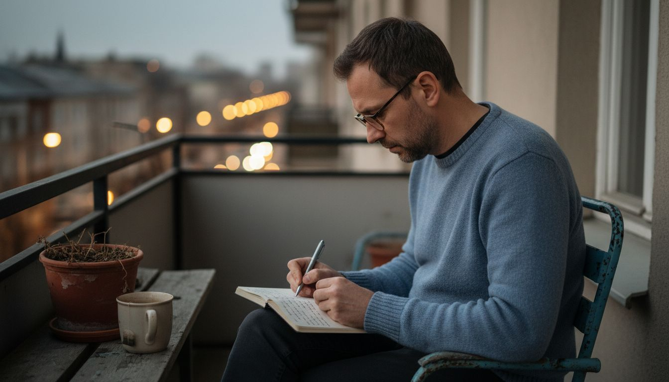 Man journaling self reflection on apartment balcony