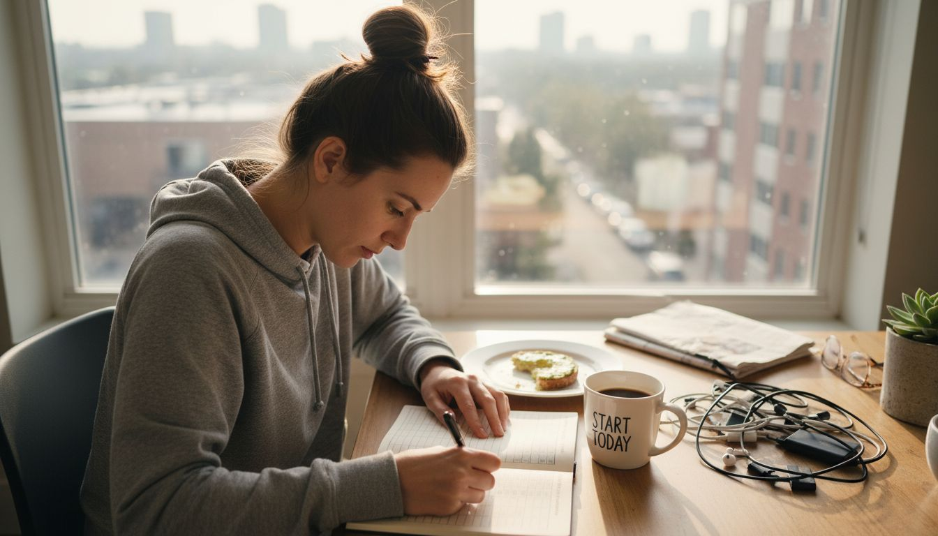 Woman checking off routine in habit tracker journal
