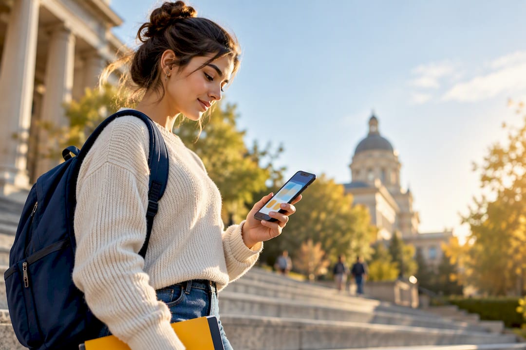 Student reviewing mobile productivity schedule