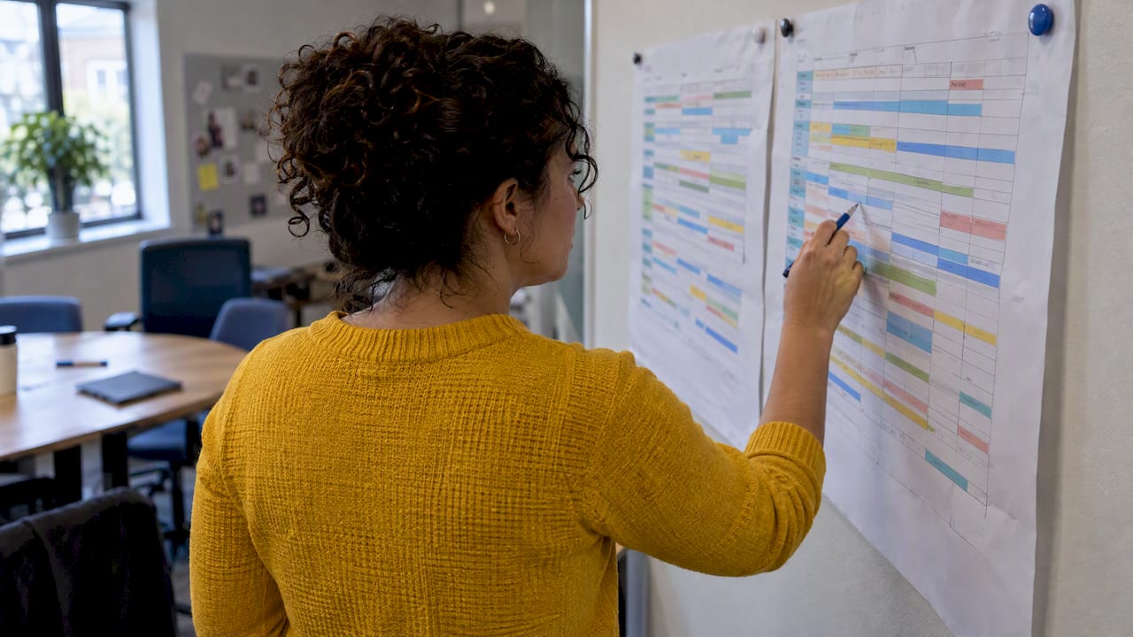 Coordinator reviewing overlapping project schedules