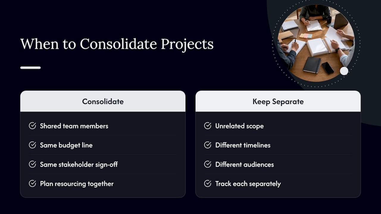 Criteria for grouping or separating projects